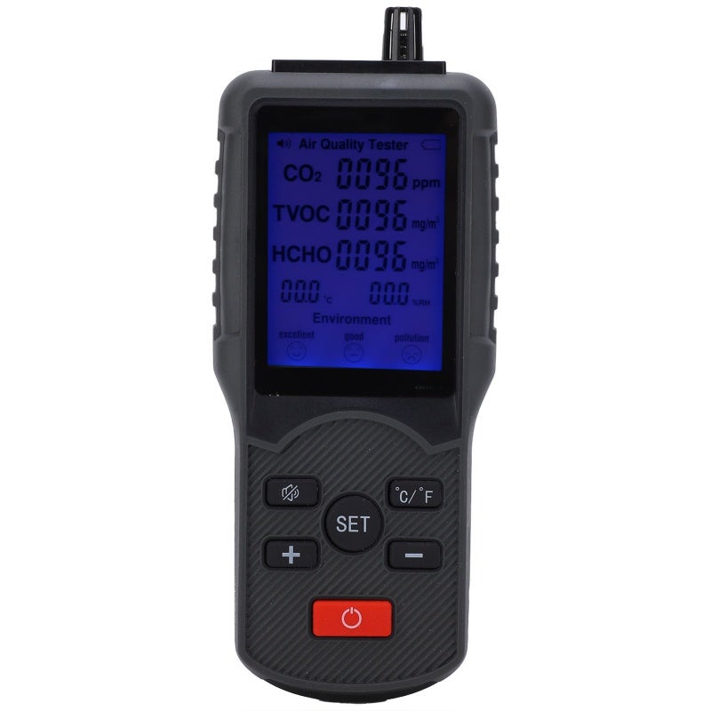 Air Quality Monitor: 5-In-1 CO2 TVOC Temperature Humidity Detector - Mute Button Alarm Setting C/F Switch for Indoor Industrial Testing - Image 1