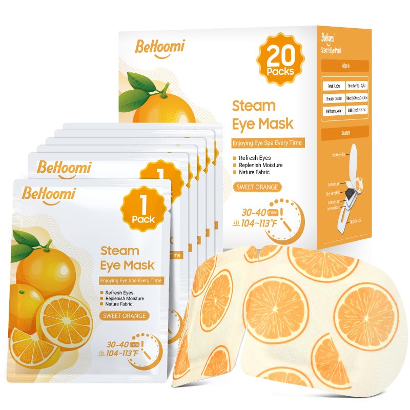 BeHoomi 20 Packs Steam Eye Mask, Heated Eye Mask Warm Compress for Eyes, Disposable Self Heating Steam Mask Sleep, Spa, Travel Essentials & Relaxation Gifts for Women, Stocking Stuffers (Sweet Orange) - Image 1
