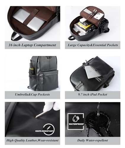 MATE ELAN Pu Leather Laptop Backack For Men Women Classic Water-Resistant Purse Airplane Travel Backpacks Work Business Bag Black - Image 2