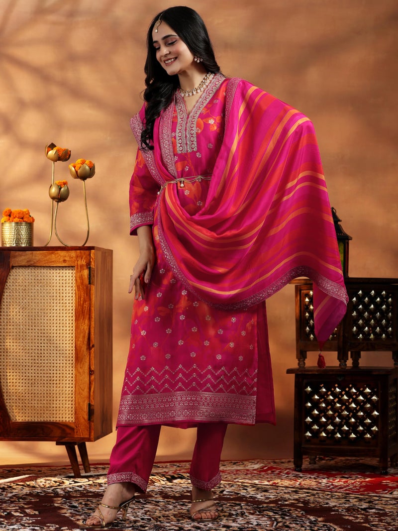 Libas Womens Printed Silk Blend Straight Kurta With Trousers and Dupatta - Image 3