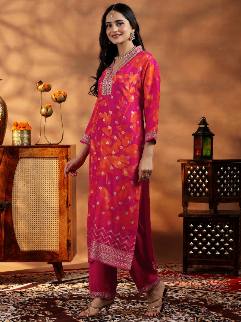 Libas Womens Printed Silk Blend Straight Kurta With Trousers and Dupatta - Image 5