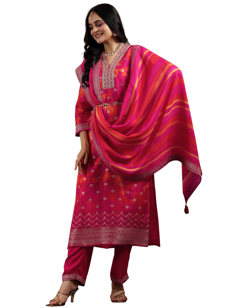 Libas Womens Printed Silk Blend Straight Kurta With Trousers and Dupatta - Image 1