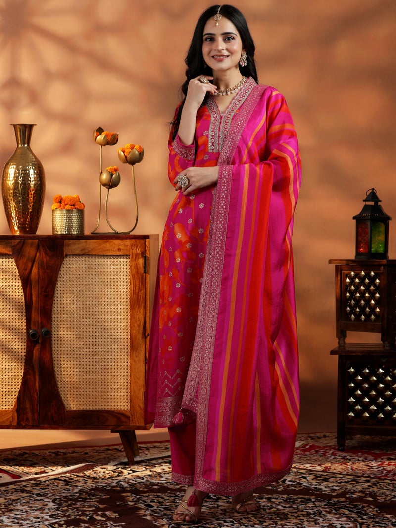 Libas Womens Printed Silk Blend Straight Kurta With Trousers and Dupatta - Image 4