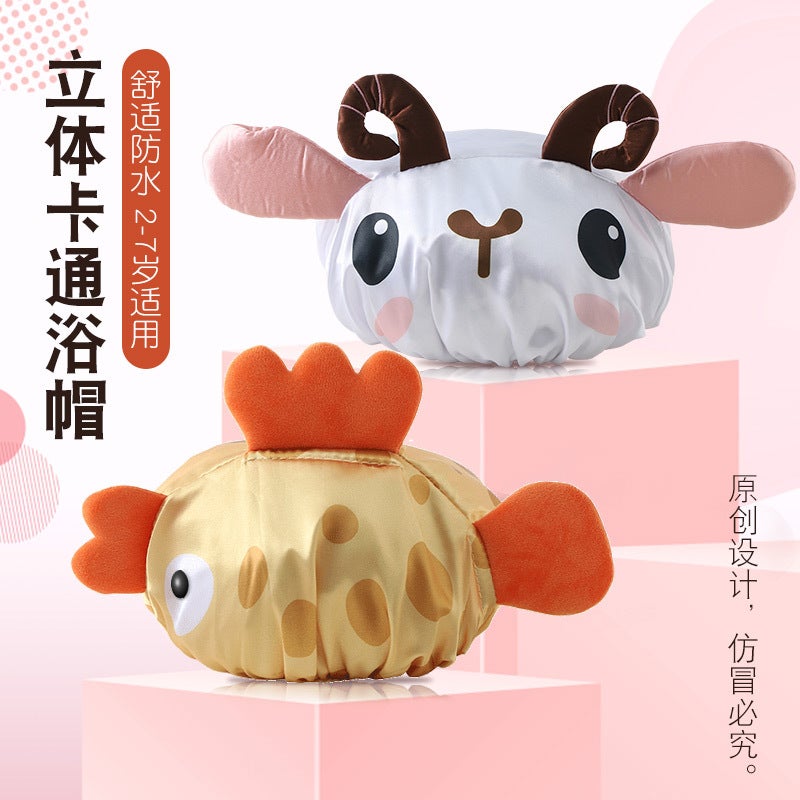 Cartoon Shower Cap Children'S Cute Household Pullover Satin Double Layer Boys And Girls Shower Cap Waterproof Shower Cap - Image 4
