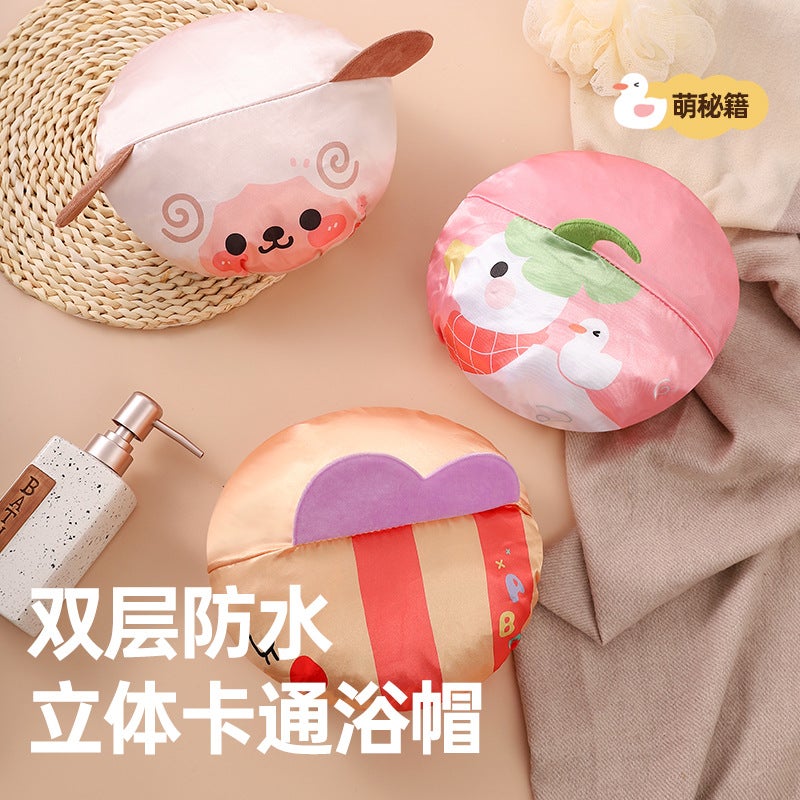 Cartoon Shower Cap Children'S Cute Household Pullover Satin Double Layer Boys And Girls Shower Cap Waterproof Shower Cap - Image 3