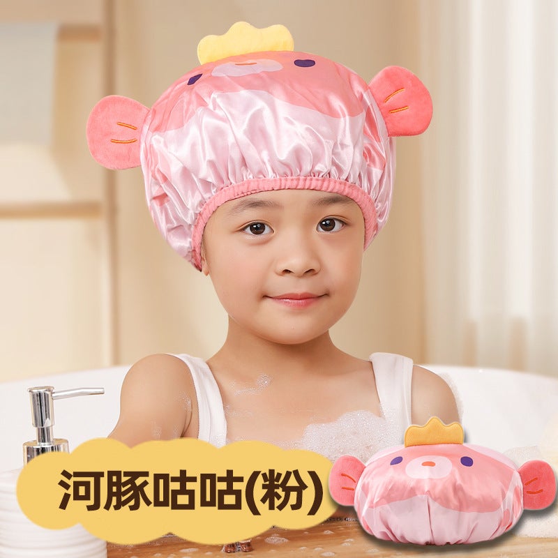 Cartoon Shower Cap Children'S Cute Household Pullover Satin Double Layer Boys And Girls Shower Cap Waterproof Shower Cap - Image 1