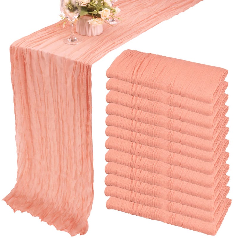 12 Pack 10Ft Cheesecloth Boho Gauze Table Runner  35x120 Inch Rustic Cheese Cloth Long Table Runner for Wedding Bridal Shower Birthday Party Decor Peach Coral