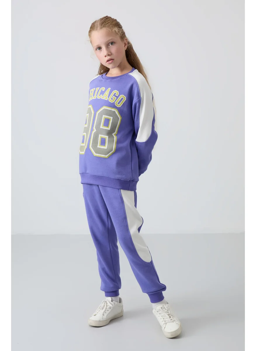 Tommy Life Lavender Cotton Fluffy Soft Textured Standard Fit Printed Girl's Tracksuit - 75170