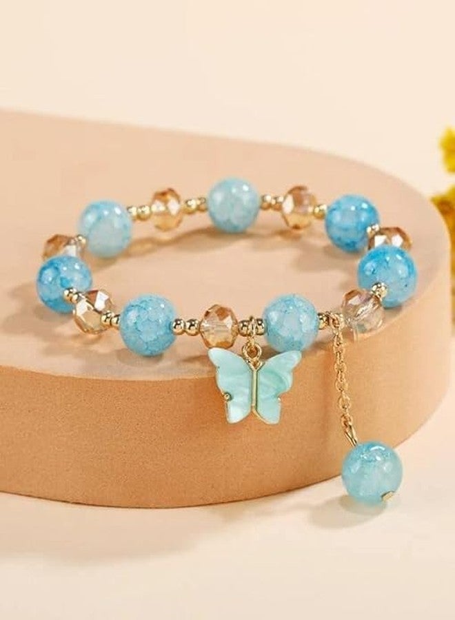 El Regalo 1 PC Butterfly Sparkly Crystal Beads Tassel Bracelet With Cute Enamel Butterfly Charms for Girls/Teens/Women (Blue) - Image 3