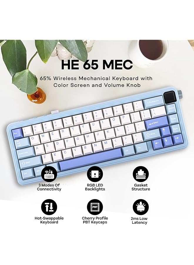 EPOMAKER He65 Mec Wireless Mechanical Keyboard With Screen And Knob 0.2Ms Latency Rgb Backlight Gasket Mount Hot Swappable N Key Rollover (Bluewhite) - Image 2