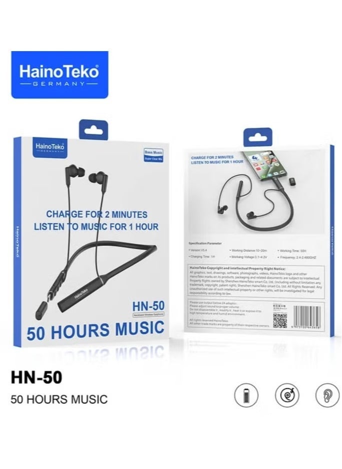 Haino Teko HN50 Neckband Wireless Earphone | Bluetooth 5.0, Clear Sound, Comfortable Fit, 15 Hours Playtime, Sweatproof Design | Black - Image 3