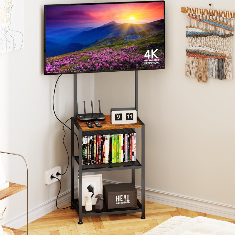 Cottage Charm 14 Inch to 42 Inch Small Corner TV Stand for Bedroom With 3 Tiers Storage Shelves Floor Universal Television Stand With Mount For 40 Inch 32 Inch TVBrown TV Table Shelf With Adjustable Feet Sturdy - Image 2