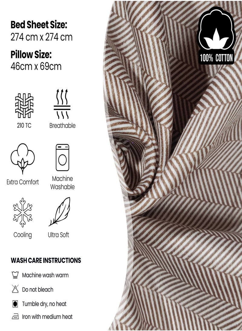 Raymond - Raymond Home King Flat Sheet Bedsheet 210 Thread Count Luxirious Mercerised 100% Cotton Bedding Herringbone Bed Linen with 2 Pillow Case - Brown (274 * 274 CM) - Image 1