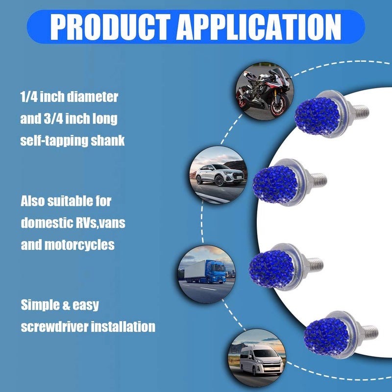 LHDOS Bling Car Licence Plate Screws Kit, Rhinestone Licence Plates Frame Fasteners, Aluminum Alloy Car Tag License Plate Bolt Cap Washer, Auto Decorative Accessories for Vehicle Truck Motorcycle (Blue) Global versatile design - Image 5