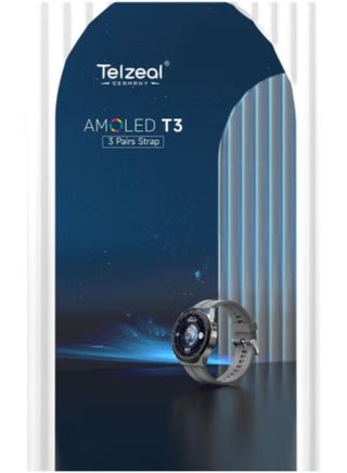 AMOLED T3 Smart Watch with Round Large Screen Display – Stylish Multi-Function Fitness Tracker Featuring Heart Rate Monitor, Multiple Sports Modes, Call & Message Alerts – Includes 3 Interchangeable Straps – Sleek Unisex Design Compatible with Android & iOS Phones
