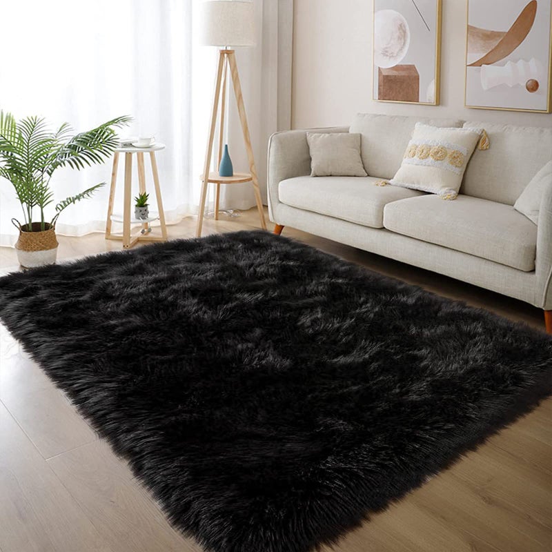 Latepis Black Carpet 4x6 Area Rug for Bedroom Fuzzy Faux Sheepskin Fur Rug for Living Room Bedside Rugs for Dorm Sofa Floor Luxury Home Decor