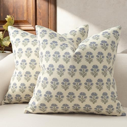 DKwizme Farmhouse Floral Pillow Covers 22x22 Set of 2, Country Botanical Throw Pillow Cover for Sofa Couch Bed Living Room, Rustic Vintage Flower Cushion Covers Cottage Home Decor,Dusty Blue - Image 1