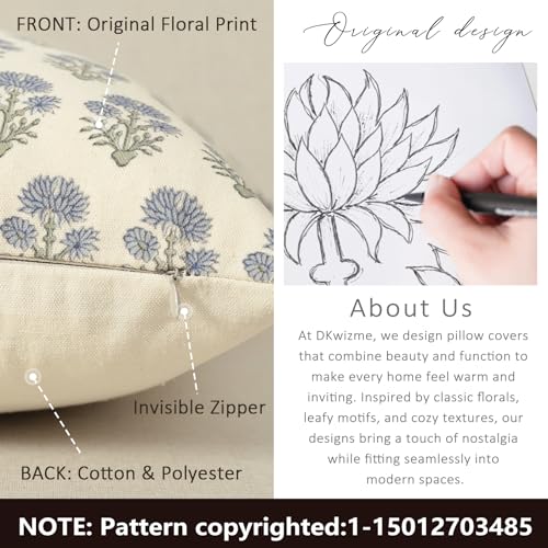 DKwizme Farmhouse Floral Pillow Covers 22x22 Set of 2, Country Botanical Throw Pillow Cover for Sofa Couch Bed Living Room, Rustic Vintage Flower Cushion Covers Cottage Home Decor,Dusty Blue - Image 4