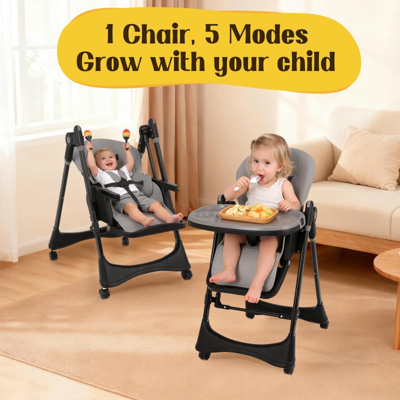 FAHKNS 6-in-1 Convertible High Chair with Rocker | Baby High Chair for Newborn to Toddler (0-3 Years) | Adjustable, Foldable & Easy-Clean with Dishwasher Safe Tray & Tool-Free Assembly,Gray - Image 2