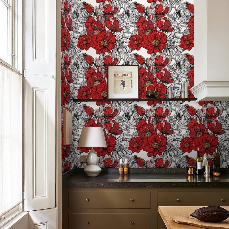 REDAMANCY Modern Red White Black Floral Peel and Stick Wallpaper Stick on Contact Paper Vintage Wall Paper Easy Peel Off for nightstand Drawer Cabinet Renter - Image 5