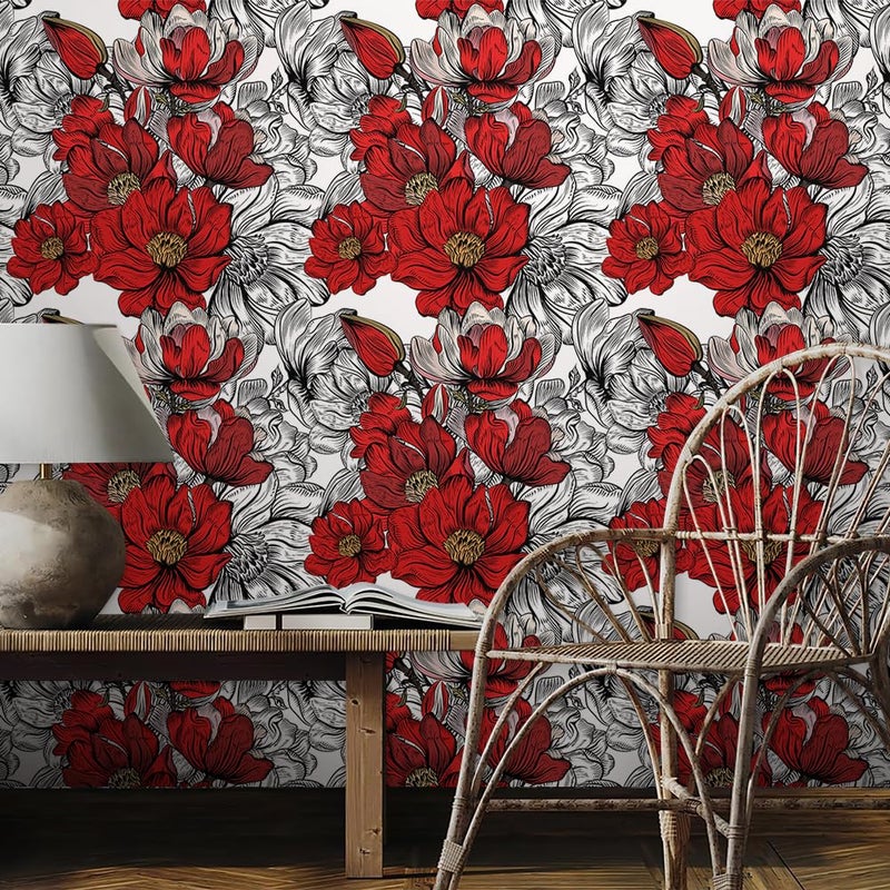 REDAMANCY Modern Red White Black Floral Peel and Stick Wallpaper Stick on Contact Paper Vintage Wall Paper Easy Peel Off for nightstand Drawer Cabinet Renter - Image 3
