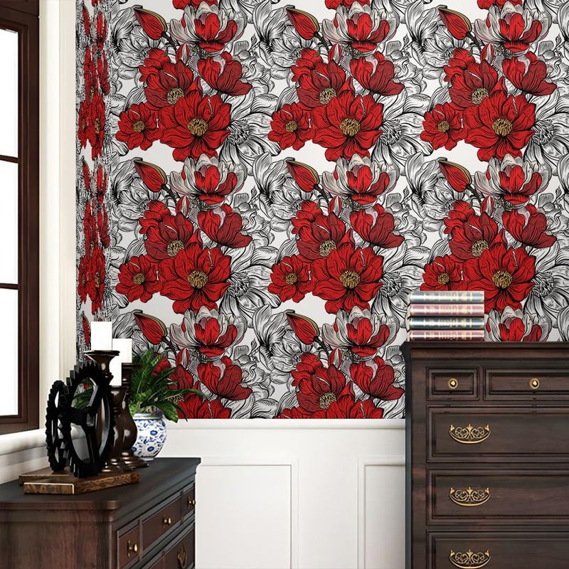 REDAMANCY Modern Red White Black Floral Peel and Stick Wallpaper Stick on Contact Paper Vintage Wall Paper Easy Peel Off for nightstand Drawer Cabinet Renter - Image 2