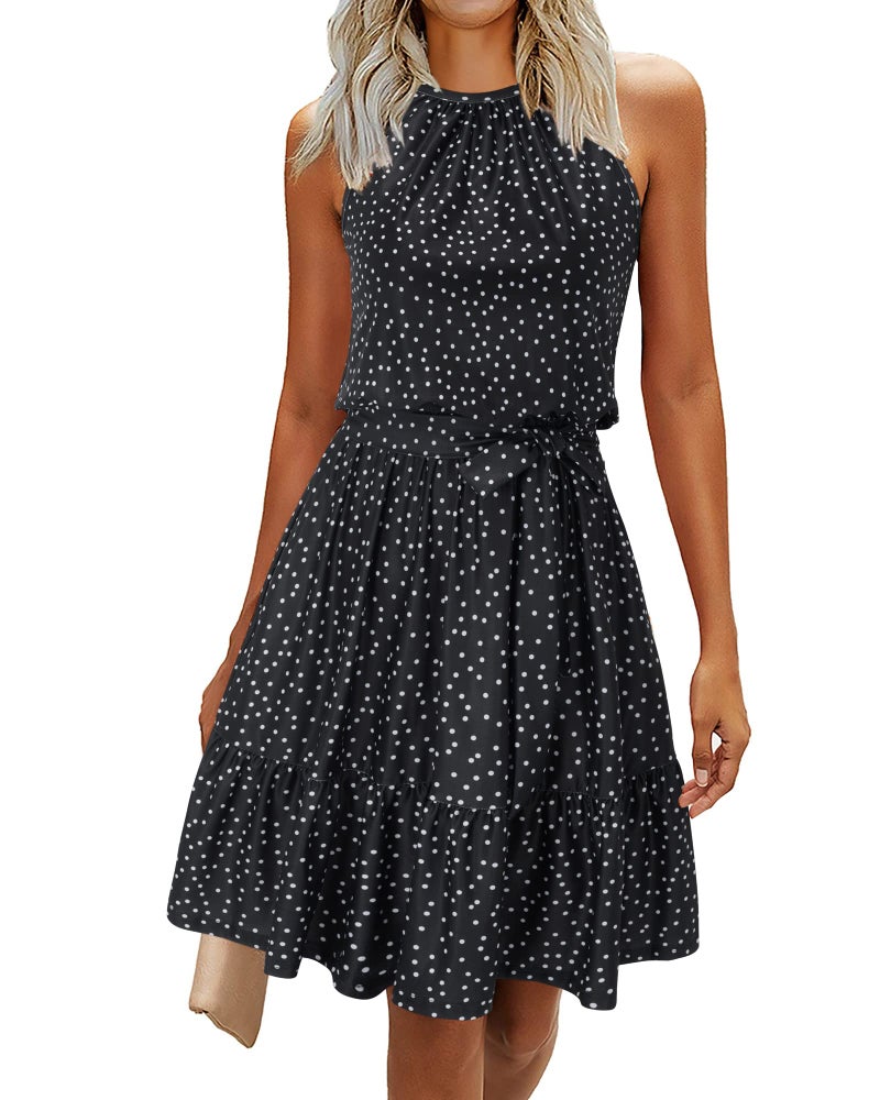 Newshows Womens Summer Dress Work Church Casual Beach Vacation Teacher Outfits Hawaiian Italian Floral Flowy Polka Dot Linen Dresses Ruffle Belted Pockets Sundress(Polka Dot-Black, M) - Image 1