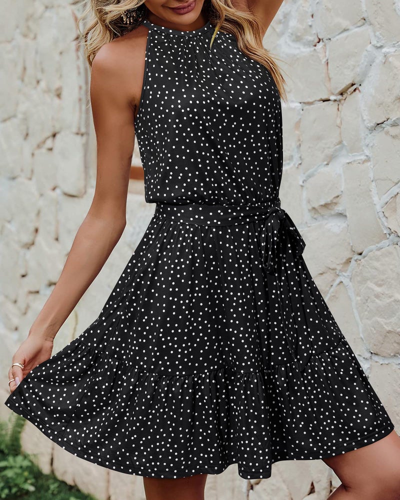 Newshows Womens Summer Dress Work Church Casual Beach Vacation Teacher Outfits Hawaiian Italian Floral Flowy Polka Dot Linen Dresses Ruffle Belted Pockets Sundress(Polka Dot-Black, M) - Image 2