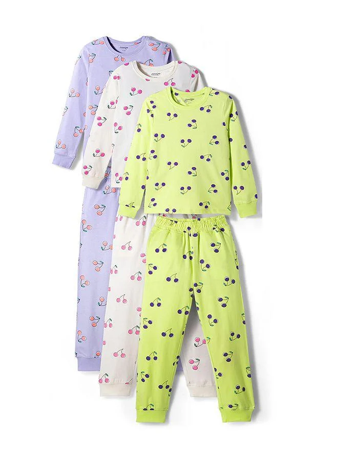 Primo Gino Primo Gino 100% Cotton Knit Full Sleeves Co-Ords Pajama Set with Tropical Theme (Pack of 3) - Purple/White/Green