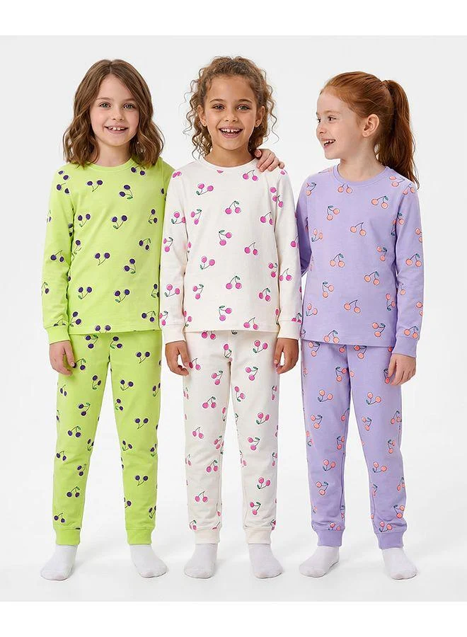 Primo Gino Primo Gino 100% Cotton Knit Full Sleeves Co-Ords Pajama Set with Tropical Theme (Pack of 3) - Purple/White/Green