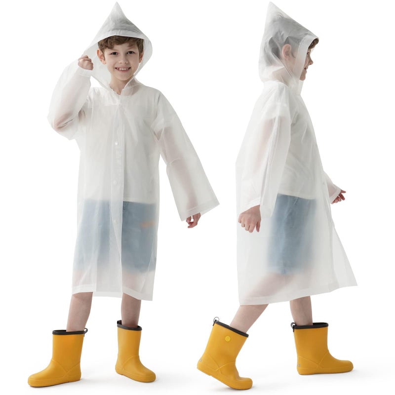 Opret 2 Pack White Raincoats for Kids, Reusable Rain Ponchos with Hood and Sleeves Children Waterproof Rain Coats for Boys and Girls - Image 1