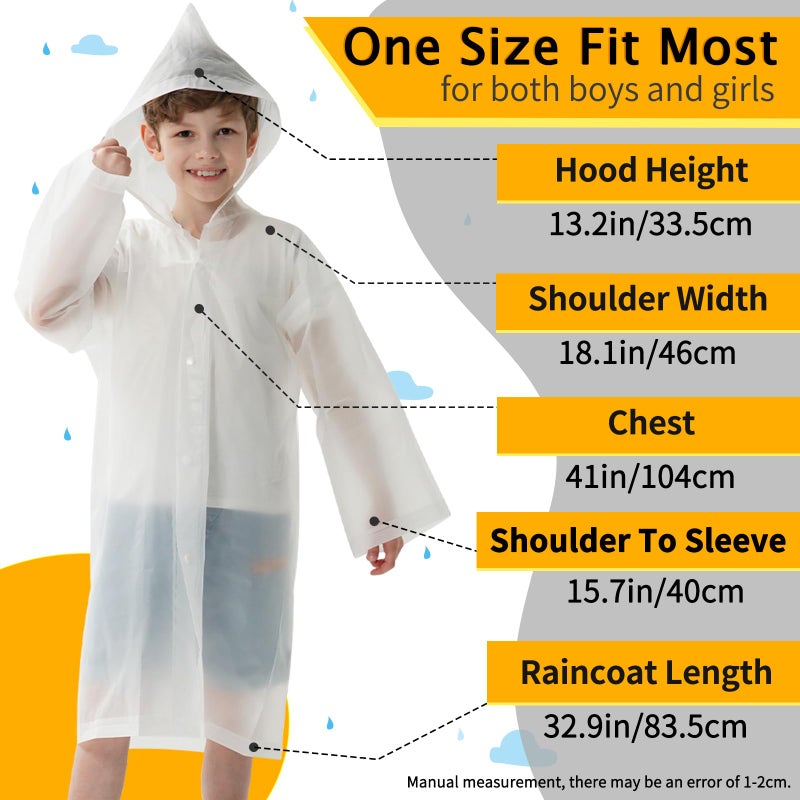 Opret 2 Pack White Raincoats for Kids, Reusable Rain Ponchos with Hood and Sleeves Children Waterproof Rain Coats for Boys and Girls - Image 2