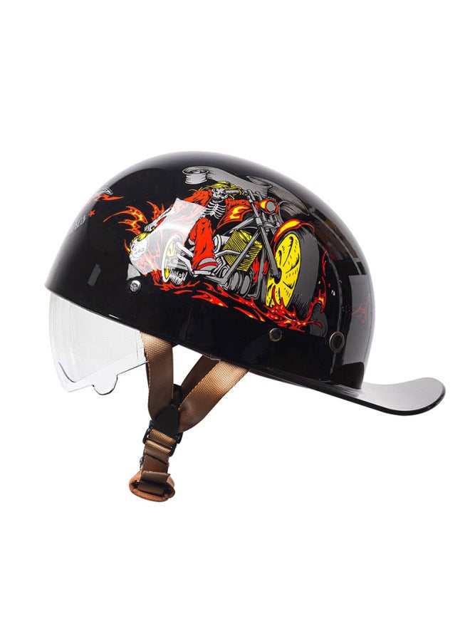 Retro Motorcycle Half Helmet - Bright Black with Transparent Lens - Unisex Scoop Helmet (Locomotive)