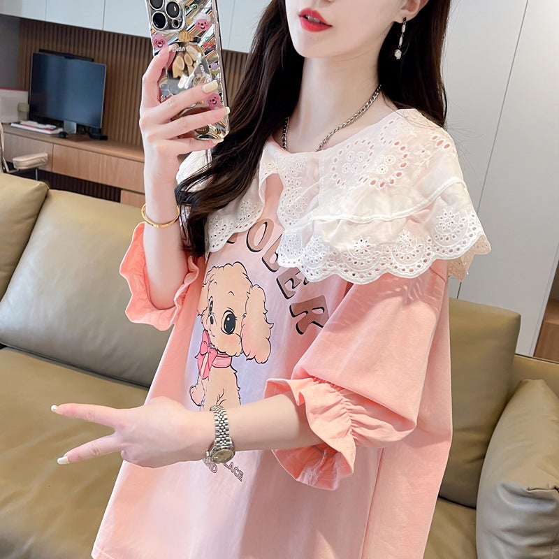 742 # Pure Cotton Doll Collar Short-Sleeved T-Shirt For Women Plus Size Fat Mm Fashion New Korean Style Loose Lazy Style Versatile - Image 5