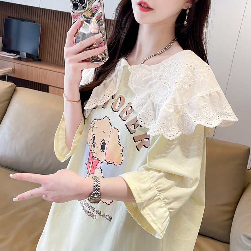 742 # Pure Cotton Doll Collar Short-Sleeved T-Shirt For Women Plus Size Fat Mm Fashion New Korean Style Loose Lazy Style Versatile - Image 4