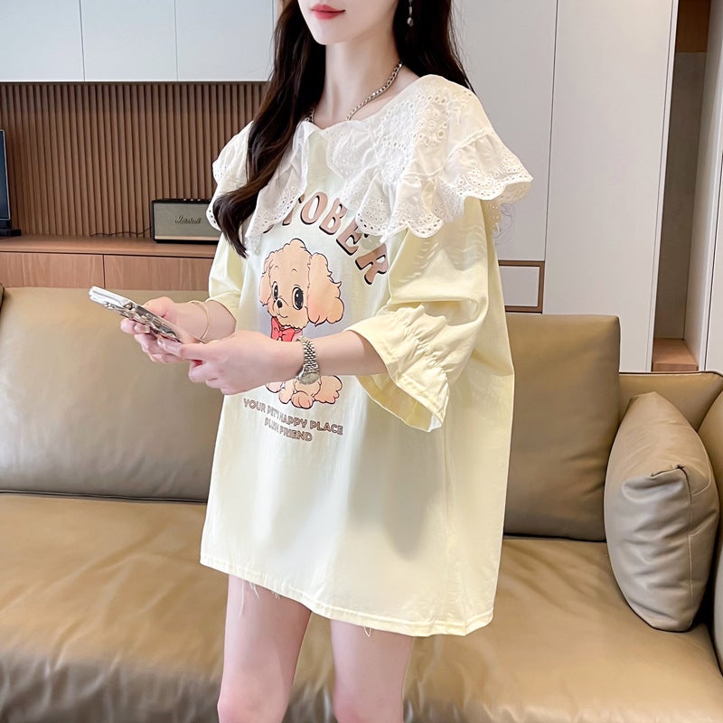 742 # Pure Cotton Doll Collar Short-Sleeved T-Shirt For Women Plus Size Fat Mm Fashion New Korean Style Loose Lazy Style Versatile - Image 3