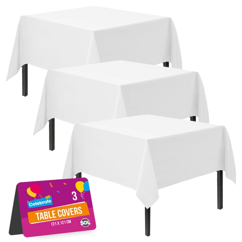 SOL 3pk White Table Cloth Party 121x121cm Plastic Cover Tablecloth Disposable for Parties  Heavy Duty Spill Protection  Opaque Design for Weddings Buffets Catering Gender Reveals  Events