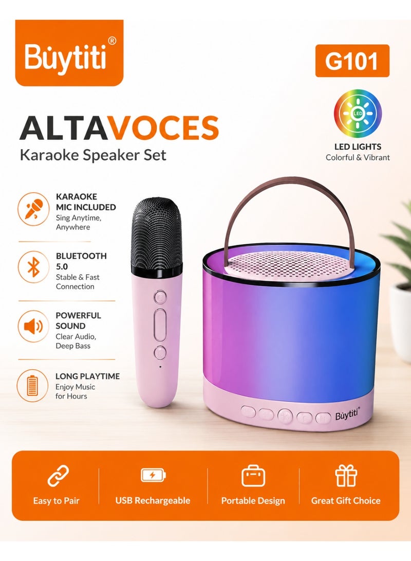 مكبر صوت كاريوكي بلوتوث Buytiti G101 مع ميكروفون لاسلكي، وإضاءة LED RGB، ومكبر صوت صغير محمول قابل لإعادة الشحن للحفلات المنزلية، والأنشطة الخارجية، وغناء الأطفال - Image 2