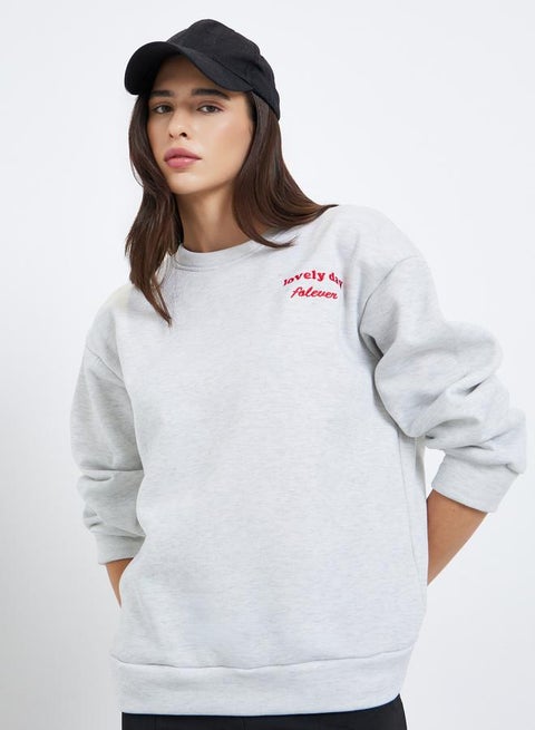 Styli Grey Embroidered Slogan Oversized Sweatshirt