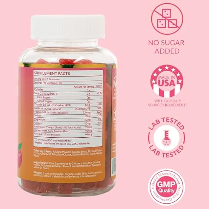 SkinnyBoost Sugar Free Apple Cider Vinegar Gummies-30 ct-Made with The Mother Plus B Vitamins, Calcium, Magnesium, Folate, Pomegrante and Beet Juice, All Natural, Made in The USA - Image 3