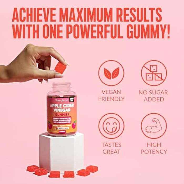 SkinnyBoost Sugar Free Apple Cider Vinegar Gummies-30 ct-Made with The Mother Plus B Vitamins, Calcium, Magnesium, Folate, Pomegrante and Beet Juice, All Natural, Made in The USA - Image 2