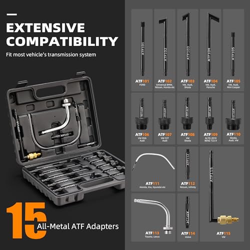 FOUR UNCLES Transmission Fluid Pump - Pneumatic Transmission Fluid Extractor and Dispenser with 15 Metal ATF Adapters and Pressure Gauge for Automotive Use, Transmission Fluid Transfer Pump Kit - Image 4