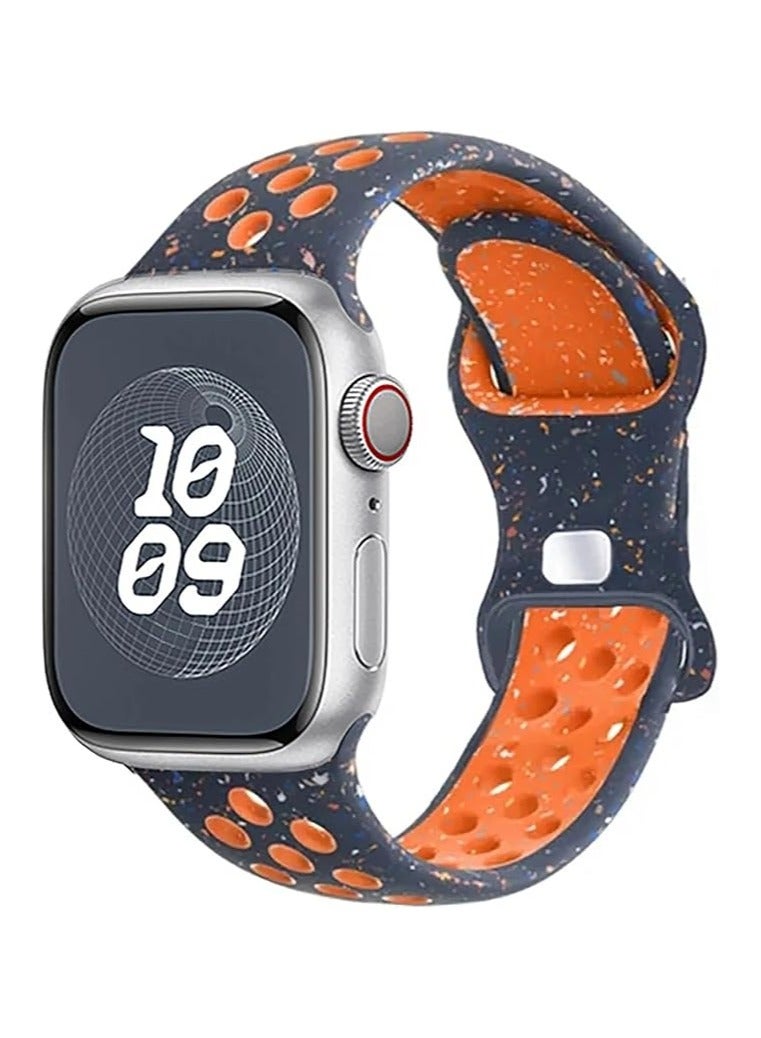 سوار رياضي متوافق مع ساعة Apple Watch Band 42 مم 44 مم 45 مم 46 مم 49 مم للنساء والرجال، حزام من البلاستيك المعاد تدويره من السيليكون الناعم لساعة iWatch Series 10 9 8 7 6 5 4 3 2 1 Ultra SE (أزرق ليلي @ برتقالي) - Image 1
