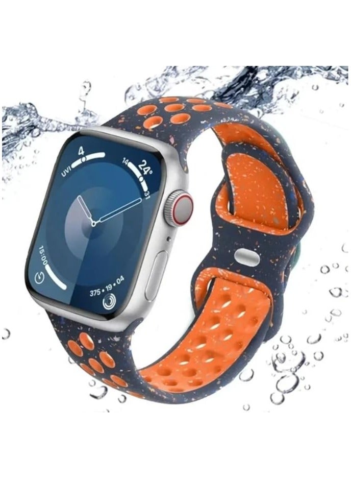 سوار رياضي متوافق مع ساعة Apple Watch Band 42 مم 44 مم 45 مم 46 مم 49 مم للنساء والرجال، حزام من البلاستيك المعاد تدويره من السيليكون الناعم لساعة iWatch Series 10 9 8 7 6 5 4 3 2 1 Ultra SE (أزرق ليلي @ برتقالي) - Image 2