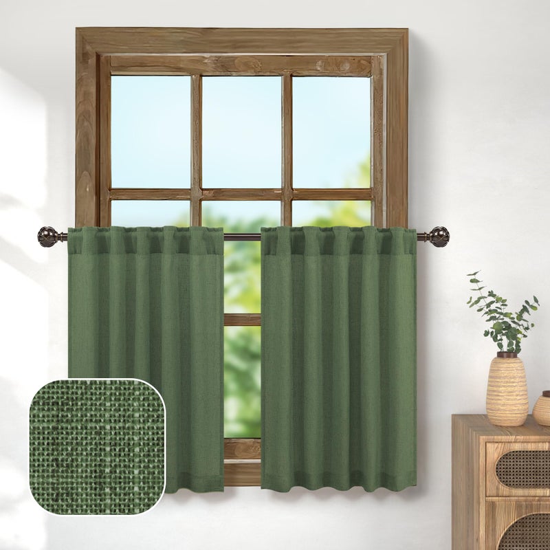 Pitalk Olive Green Curtain Tiers 30 Inch Length for Bathroom Back Tab Pocket Cafe Short Semi Sheer Dark Loden Green Valance Curtains for Bedroom Small Kitchen Window Curtains Over Sink 30 x 30 in Long - Image 1