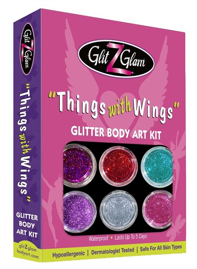 GlitZGlam مجموعة تاتو جليتر - أشياء ذات أجنحة - مضادة للحساسية ومختبرة من قبل أطباء الجلد! - مع 6 جليترات كبيرة و12 قالب لتاتو مؤقت - Image 1