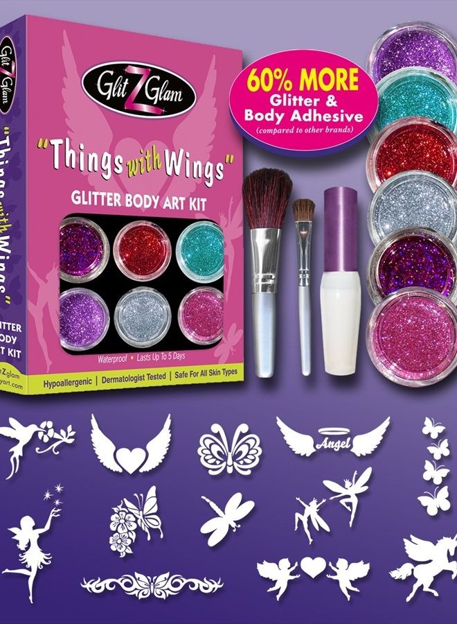 GlitZGlam مجموعة تاتو جليتر - أشياء ذات أجنحة - مضادة للحساسية ومختبرة من قبل أطباء الجلد! - مع 6 جليترات كبيرة و12 قالب لتاتو مؤقت - Image 2