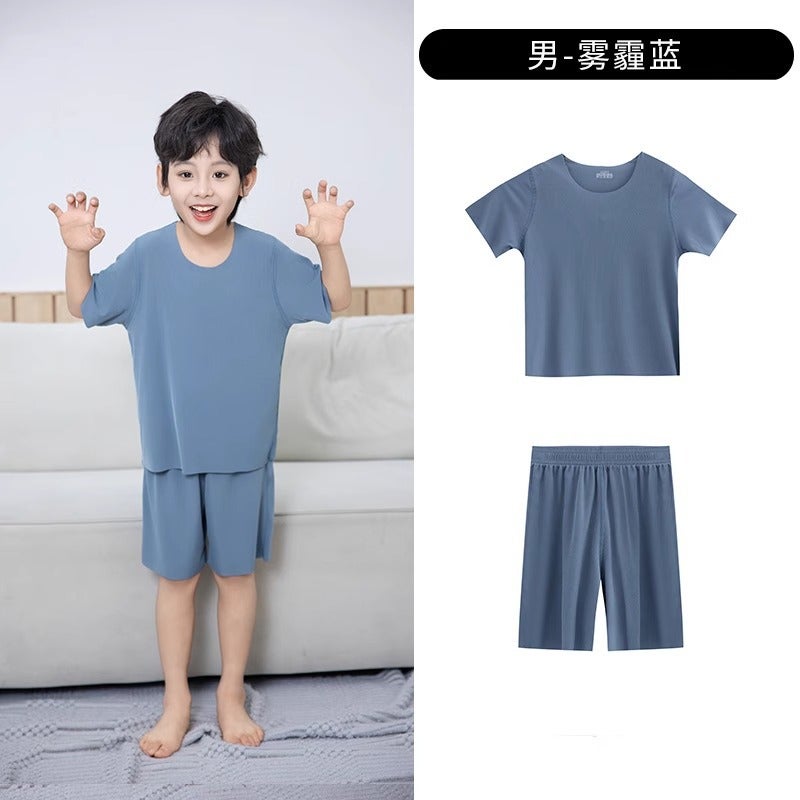 Childrens pajamas summer breathable ice silk ice feeling short sleeve suit thin boys and girls comfortable home clothes wholesale Boys-haze blue 