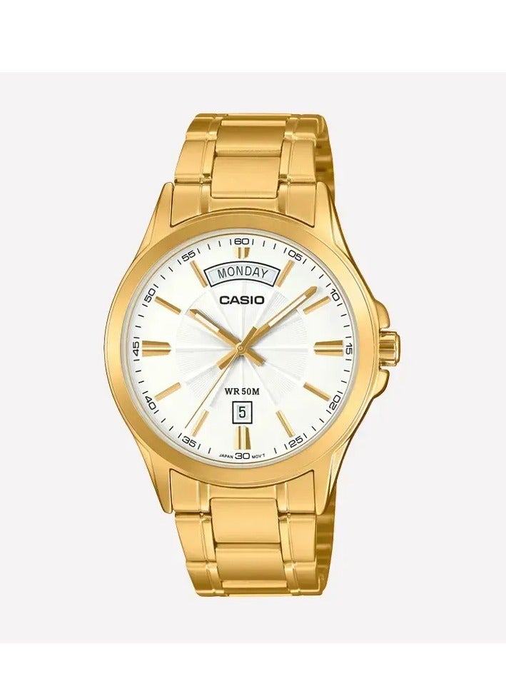 CASIO ساعة ميت بي-1381 جي دي-7 إيه في دي إف للرجال ذات قرص أبيض وإطار من الفولاذ المقاوم للصدأ بلون الذهب - Image 1