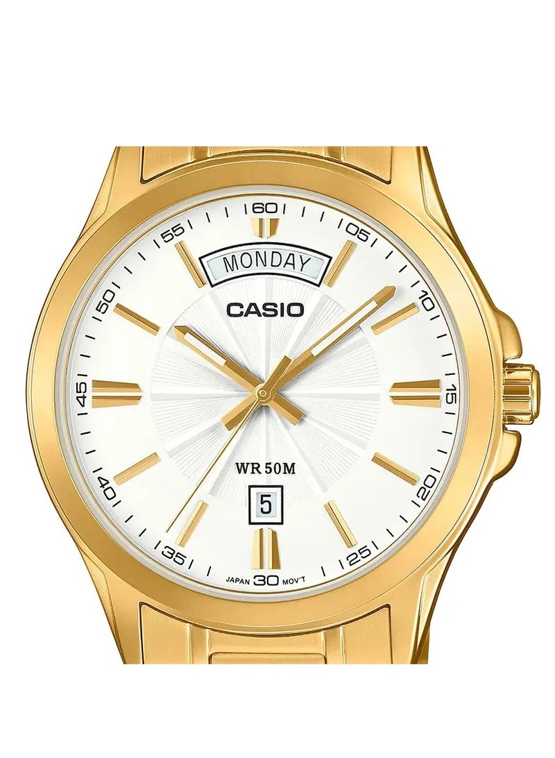 CASIO ساعة ميت بي-1381 جي دي-7 إيه في دي إف للرجال ذات قرص أبيض وإطار من الفولاذ المقاوم للصدأ بلون الذهب - Image 2